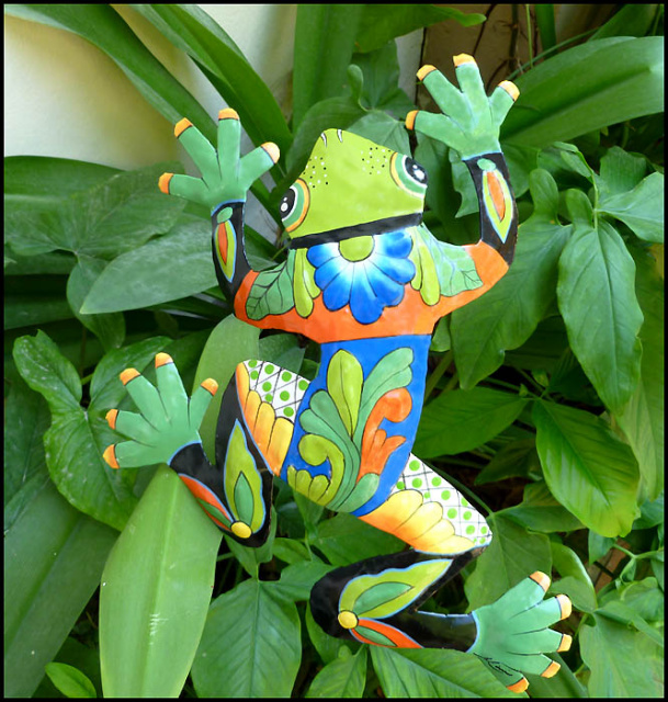 Frog garden art - painted metal frog plant stake